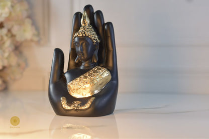Palm Buddha polyresin Gods figurine by TheGharnish, detailed showpiece with serene Buddha design in natural pose.