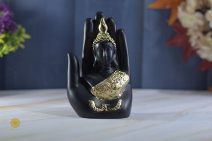 Palm Buddha polyresin god figurine showpiece with intricate details, ideal for spiritual or decorative display.