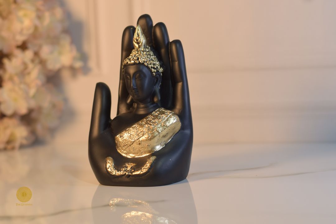 Polyresin Palm Buddha figurine by TheGharnish, detailed gods showpiece with intricate craftsmanship, ideal for spiritual decor.