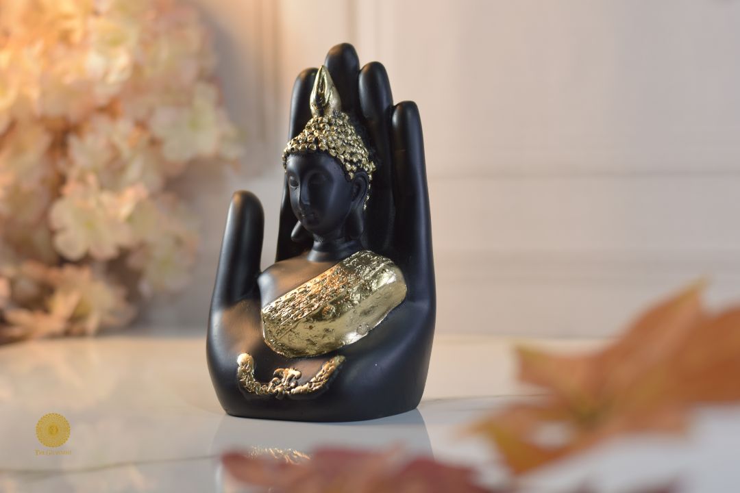 Polyresin Palm Buddha figurine by TheGharnish, a detailed gods showpiece with intricate design and serene expression.