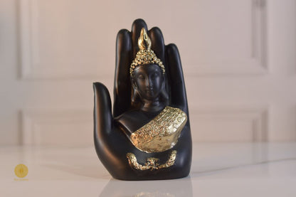 Palm Buddha polyresin showpiece featuring a serene Buddha figurine for spiritual decor and peaceful ambiance.