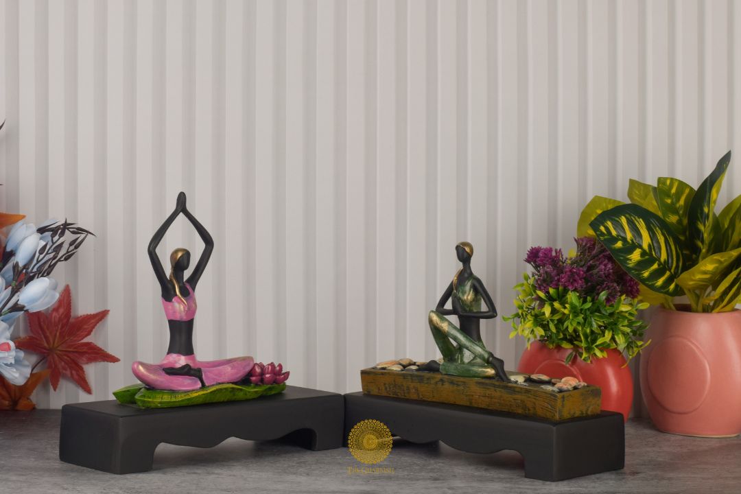 Set of two TheGharnish yoga lady human figurines, detailed statues of women in yoga poses for home decor or collection.