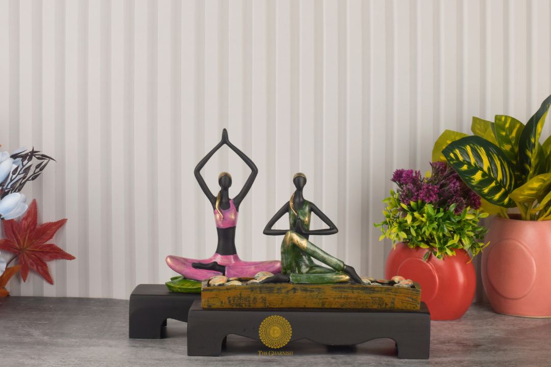 Set of two Yoga Lady human figurine statues by TheGharnish, showcasing serene yoga poses in a natural, artistic style.