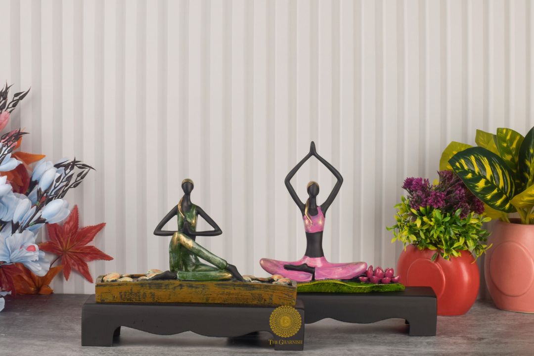 Set of two Yoga Lady human figurine statues by TheGharnish, featuring graceful yoga poses in a serene, artistic display.