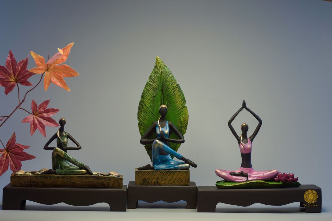 Set of three yoga lady figurines by TheGharnish, human statues displaying different yoga poses on a neutral background.