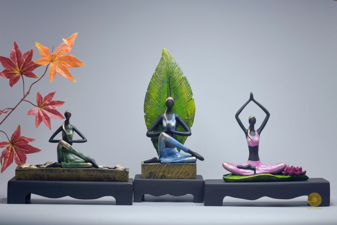 Set of three yoga lady human figurines by TheGharnish, showcasing elegant, seated, and meditative poses in a decorative statue set.