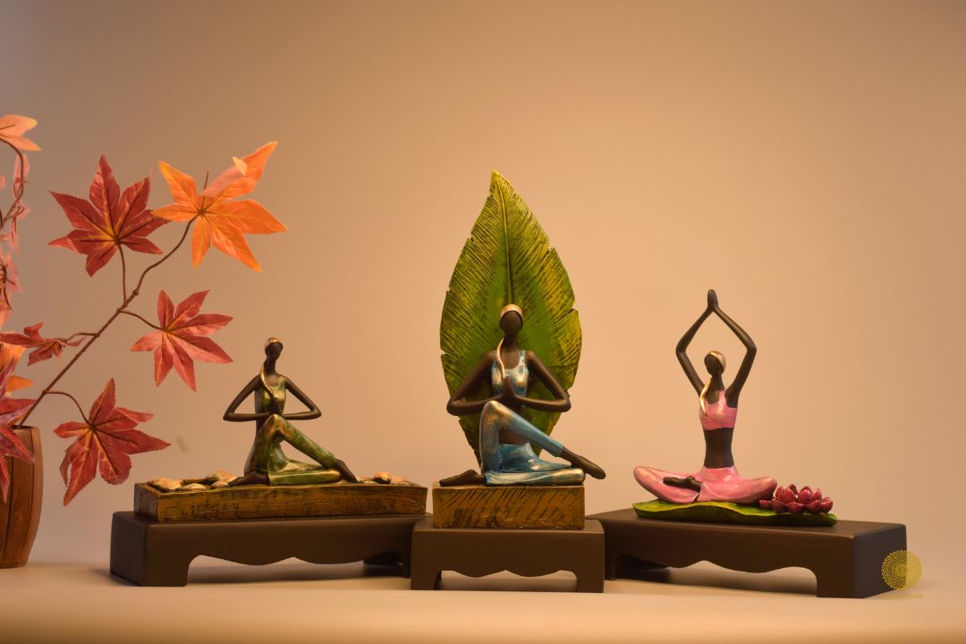 Set of three yoga lady human figurines by TheGharnish, showcasing graceful poses and detailed sculpture art.