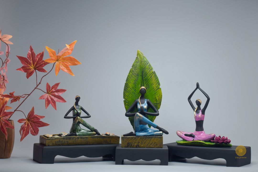 Set of three yoga lady human figurines by TheGharnish, showcasing elegant, serene poses in a decorative statue collection.