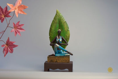Yoga lady human figurine with leaf details, decorative statue by TheGharnish, showcasing a serene yoga pose and natural leaf accents.