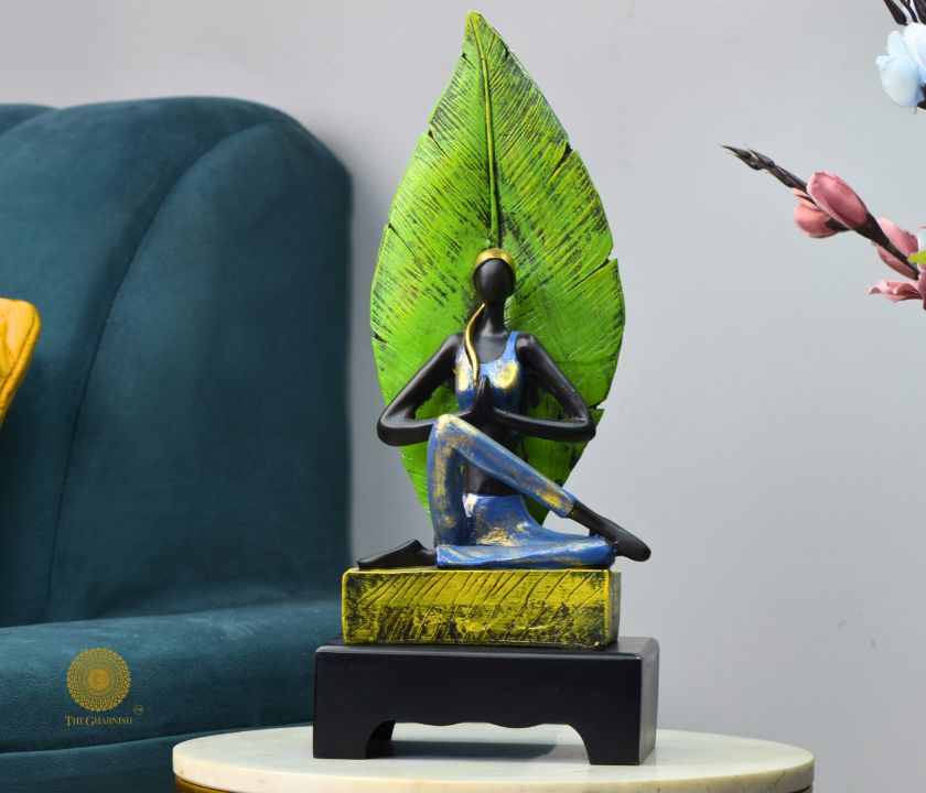 Yoga lady human figurine with leaf-shaped accents by TheGharnish, showcasing a serene pose and detailed sculpture design.
