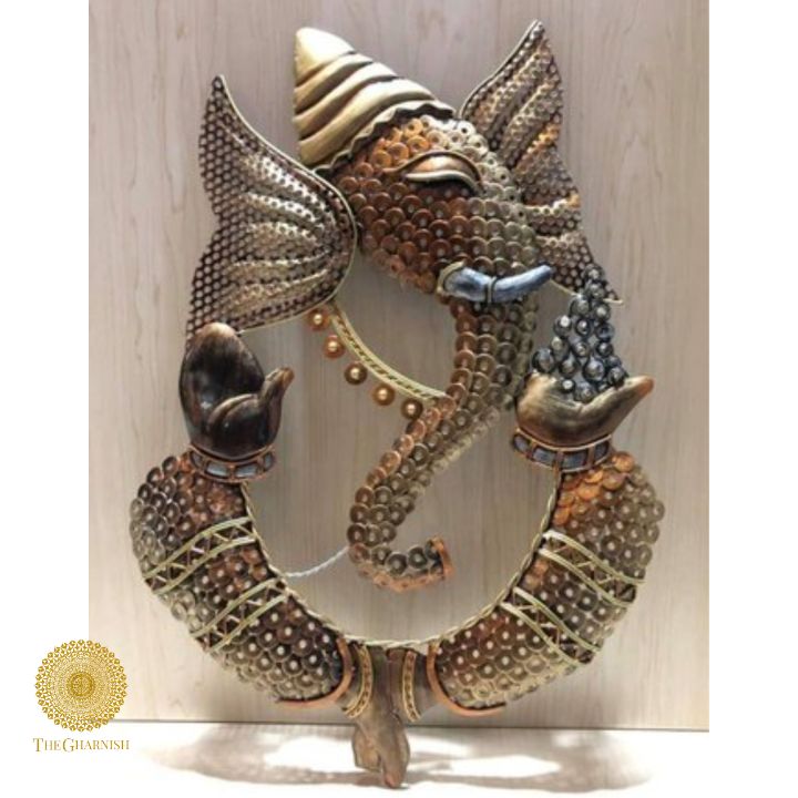 Rustic wall art featuring Lord Ganesha by TheGharnish, 18x25 inches, with intricate design on textured wood background.