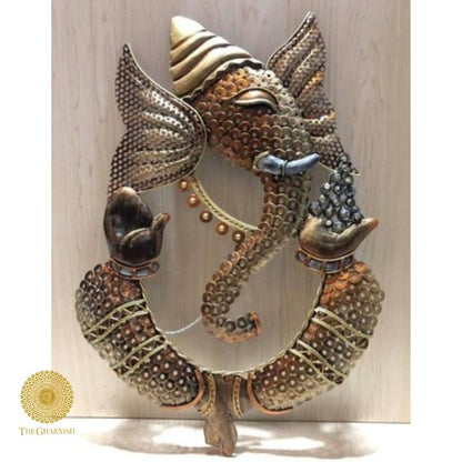 Rustic wall art featuring Lord Ganesha by TheGharnish, 18x25 inches, with intricate design on textured wood background.
