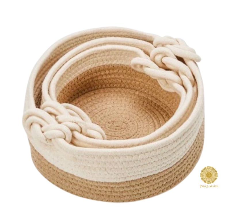 Set of three TheGharnish decorative storage baskets in brown and white, stylish organizers for home or office use.