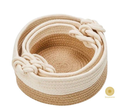 Set of three TheGharnish decorative storage baskets in brown and white, stylish organizers for home or office use.
