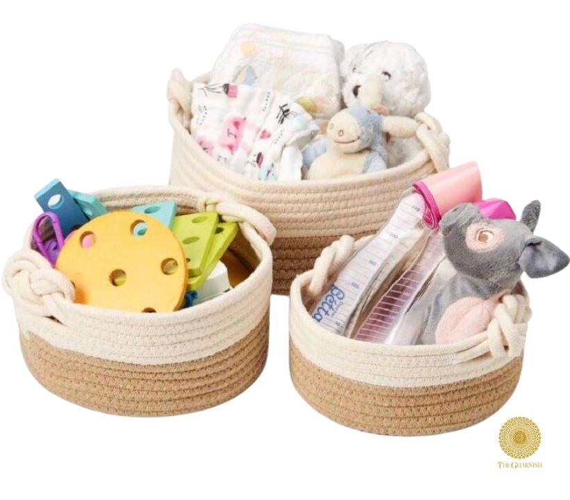 Set of three stylish brown and white decorative storage organizer baskets by TheGharnish for home organization.