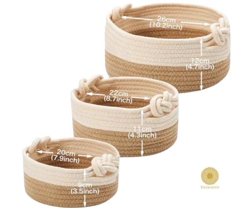 Set of 3 stylish decorative storage organiser baskets by TheGharnish in brown and white, perfect for home organization and decor.