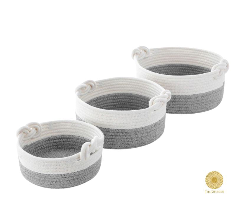 Set of three stylish decorative storage organiser baskets in brown and white by TheGharnish, ideal for home organisation.