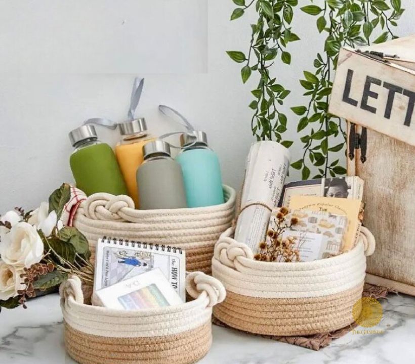 Set of three stylish decorative storage organiser baskets in brown and white by TheGharnish, ideal for home organization.