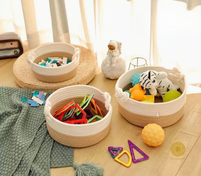 Set of 3 stylish decorative storage organiser baskets in brown and white by TheGharnish for home organization.