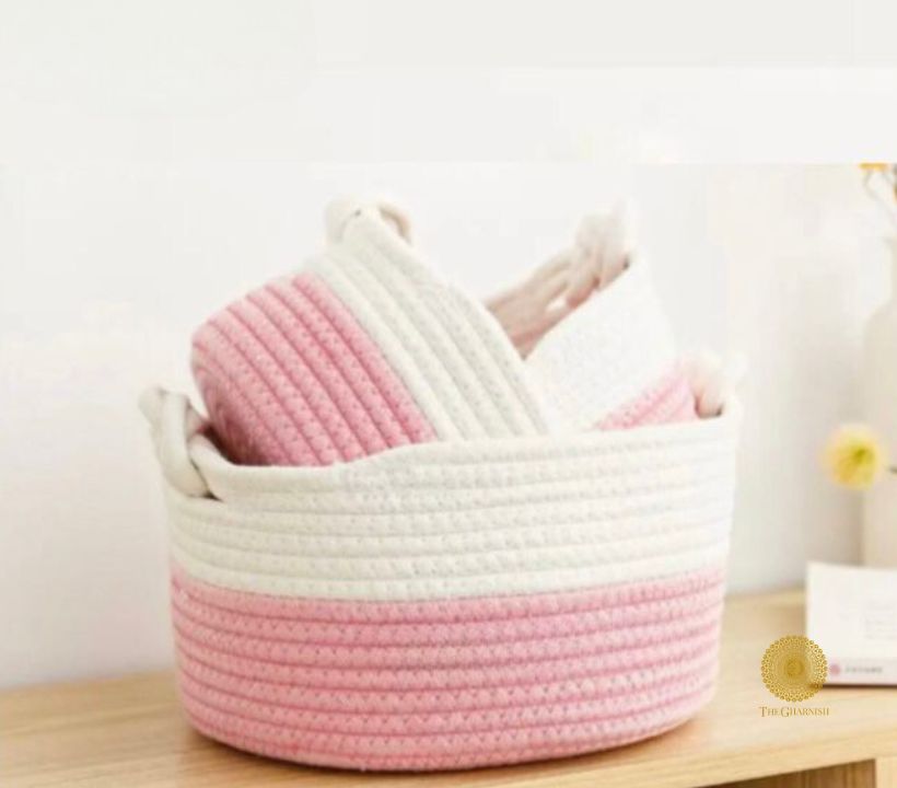Set of three brown and white stylish decorative storage organiser baskets by TheGharnish, ideal for home organization.