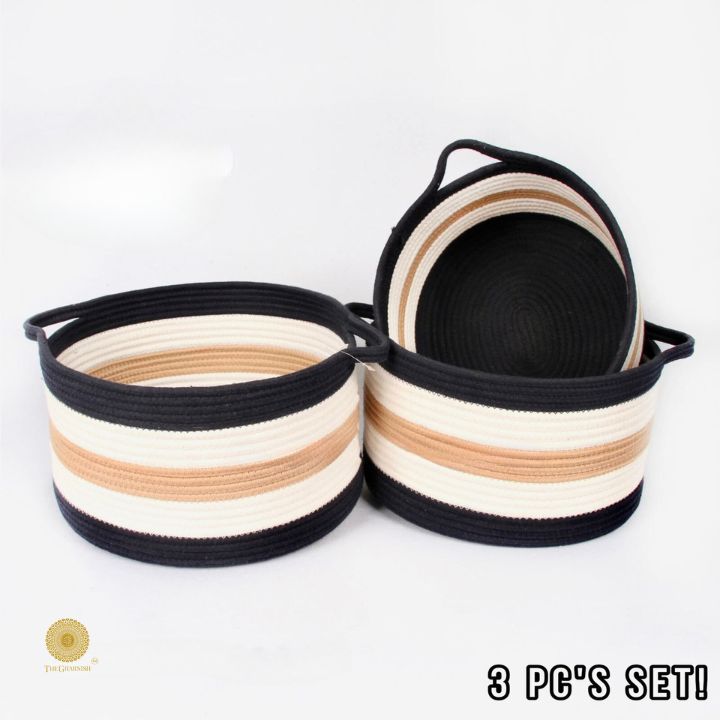 Set of three colorful cotton rope storage baskets by TheGharnish, versatile and durable for organizing home or office spaces.