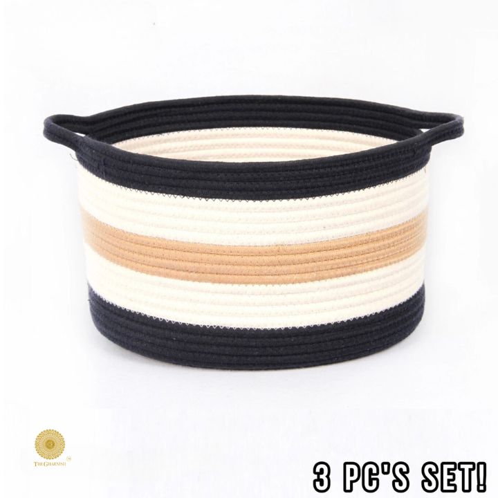 Set of three colorful cotton rope storage baskets by TheGharnish, versatile and durable for organizing home or office spaces.