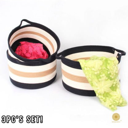 Set of three TheGharnish cotton rope storage baskets in vibrant colors, ideal for organizing and decor.