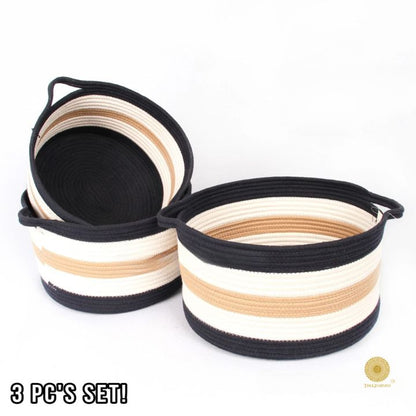 Set of three TheGharnish cotton rope storage baskets in vibrant trio colors, ideal for organizing and decor.