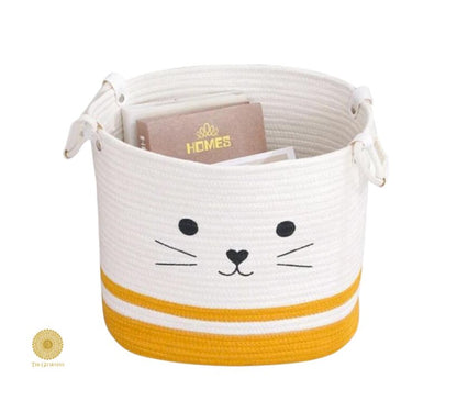 Yellow cat embroidered storage basket by TheGharnish, ideal for laundry or organization, with a charming feline design.