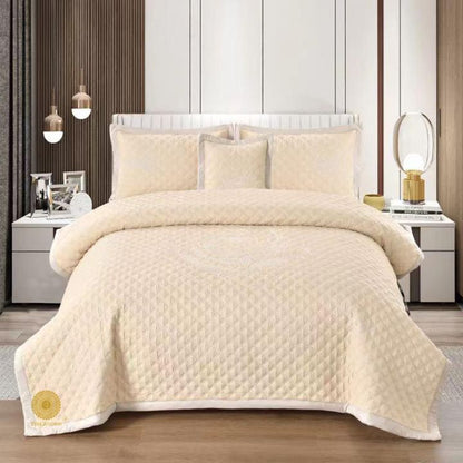 TheGharnish Paradise solid color quilted bedcover with heavy embroidery, showcasing intricate stitching and a plush, textured design.