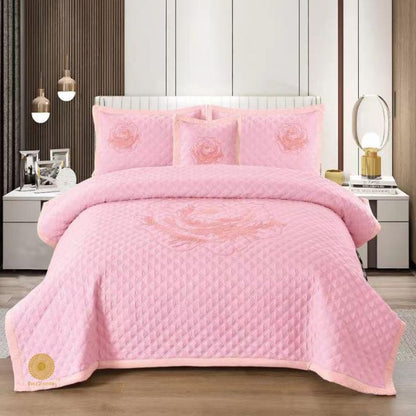 TheGharnish Paradise solid color quilted bedcover with heavy embroidery, showcasing intricate stitching and plush fabric for a luxurious bedroom look.