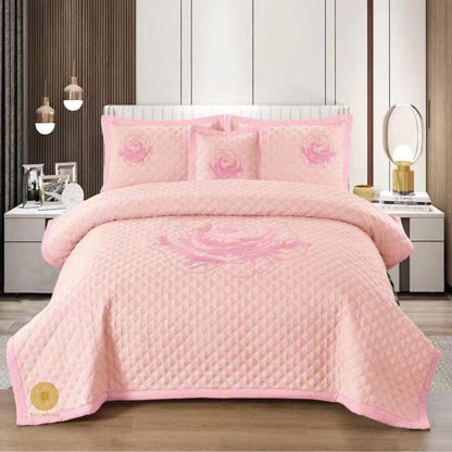 TheGharnish Paradise solid colour quilted bedcover with heavy embroidery, showcasing intricate stitching and plush fabric.