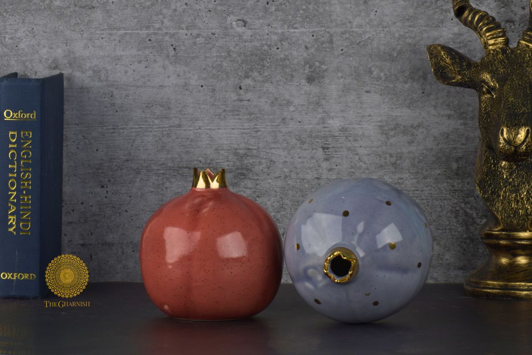 Red Pomegranate Small Vase by TheGharnish, decorative ceramic vase with a vibrant pomegranate design, ideal for floral arrangements.