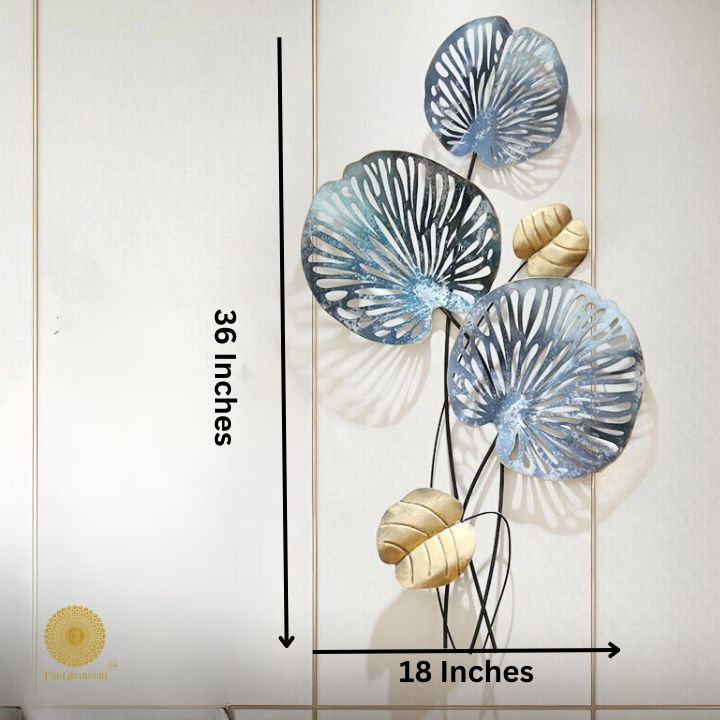 Metallic lotus leaf wall art by TheGharnish, 18 x 36 inches, showcasing detailed lotus leaf designs in a contemporary wall decor piece.