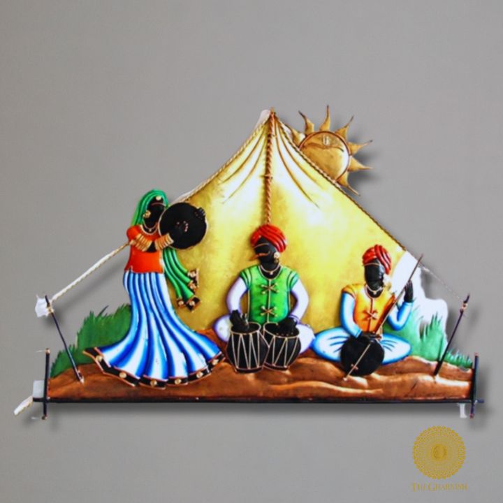 Desert camp folk music wall art by TheGharnish, 28x17 inch wall decor featuring desert scene and musical elements.
