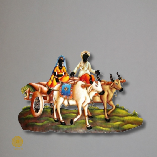 Metallic wall art featuring a village bullock cart, 24 x 18 inches, made by TheGharnish, ideal for rustic home decor.