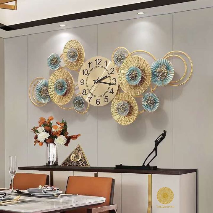 Metallic wall clock with 10 ring plates, 18x48 inches, by TheGharnish, featuring a modern, stylish design for contemporary decor.