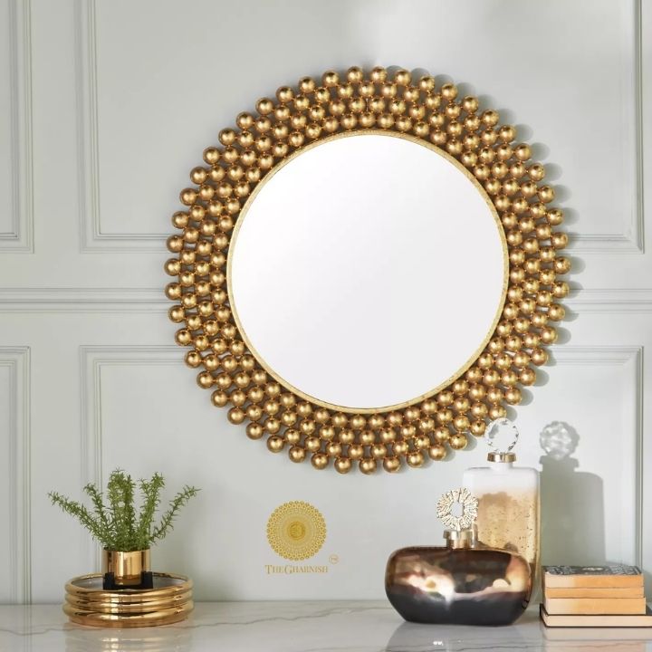 Designer House of Beads wall mirror by TheGharnish, 24-inch diameter decorative wall mirror with intricate bead frame.