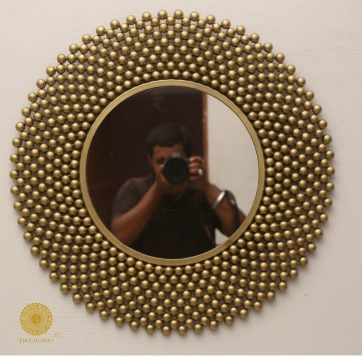 Designer House of Beads wall mirror by TheGharnish, 24-inch diameter with intricate bead frame, wall-mounted decorative mirror.