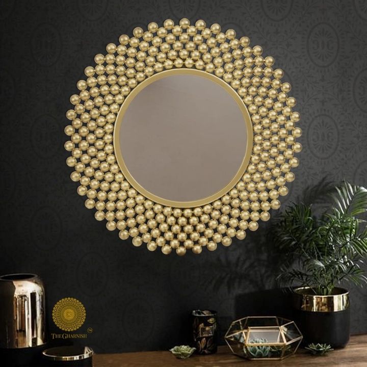 Designer House of Beads wall mirror by TheGharnish, 24-inch diameter decorative wall mirror with intricate bead frame design.