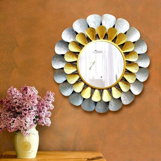 Metallic silver and gold petal wall mirror by TheGharnish, 24-inch decorative wall mirror with a floral-inspired design.