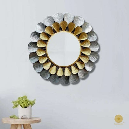 Metallic silver and gold petals wall mirror by TheGharnish, 24-inch round decorative mirror with metallic floral design.