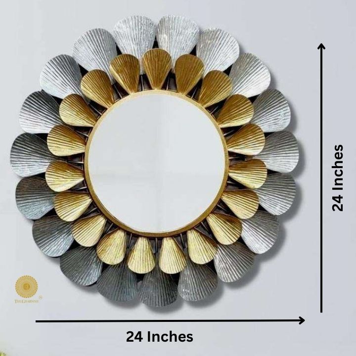 Metallic silver and gold petals wall mirror by TheGharnish, 24-inch decorative wall mirror with floral design and reflective surface.