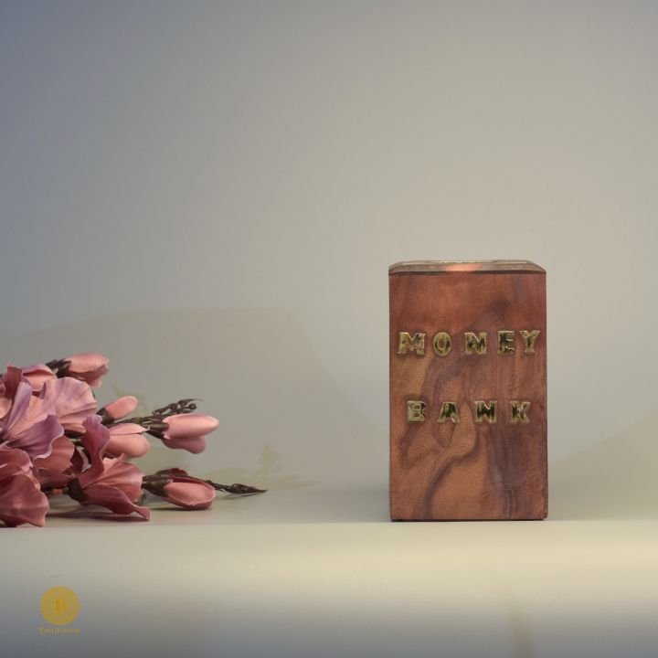Square wooden piggy bank from TheGharnish, featuring a smooth finish and classic design for wooden decor.