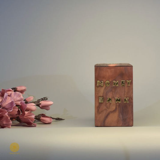 Square wooden piggy bank from TheGharnish, featuring a smooth finish and classic design for wooden decor.