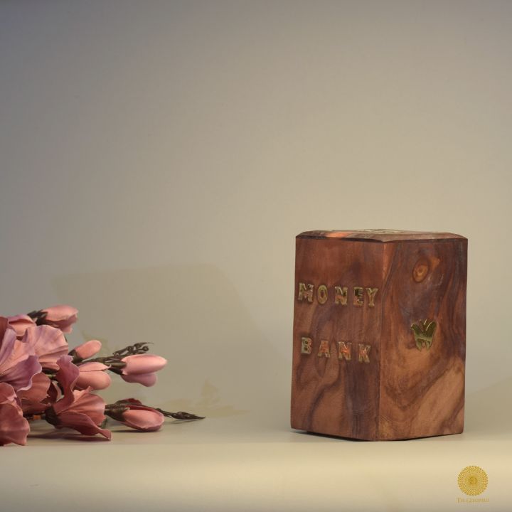 Square wooden piggy bank from TheGharnish, a charming wooden decor piece with a smooth finish and coin slot on top.