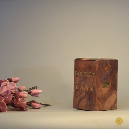 Square wooden piggy bank from TheGharnish, a charming wooden decor piece with a smooth finish and coin slot on top.
