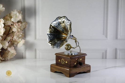 Wooden antique gramophone showpiece by TheGharnish, decorative wooden decor with detailed vintage-inspired design.