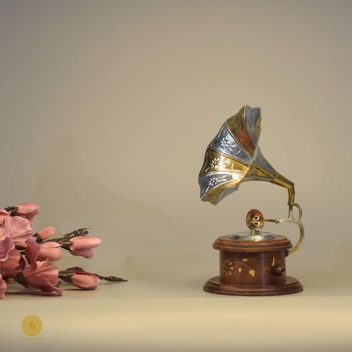 Wooden antique round gramophone showpiece by TheGharnish, detailed wooden decor with vintage musical instrument design
