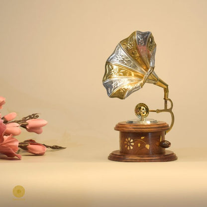 Wooden antique round gramophone showpiece by TheGharnish, decorative wooden decor piece with intricate craftsmanship.
